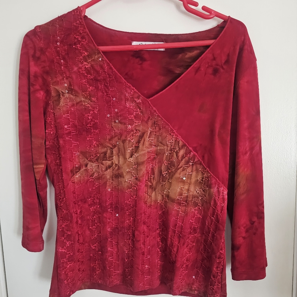 Wine Red and Brown Asymmetrical Embellished Blouse
